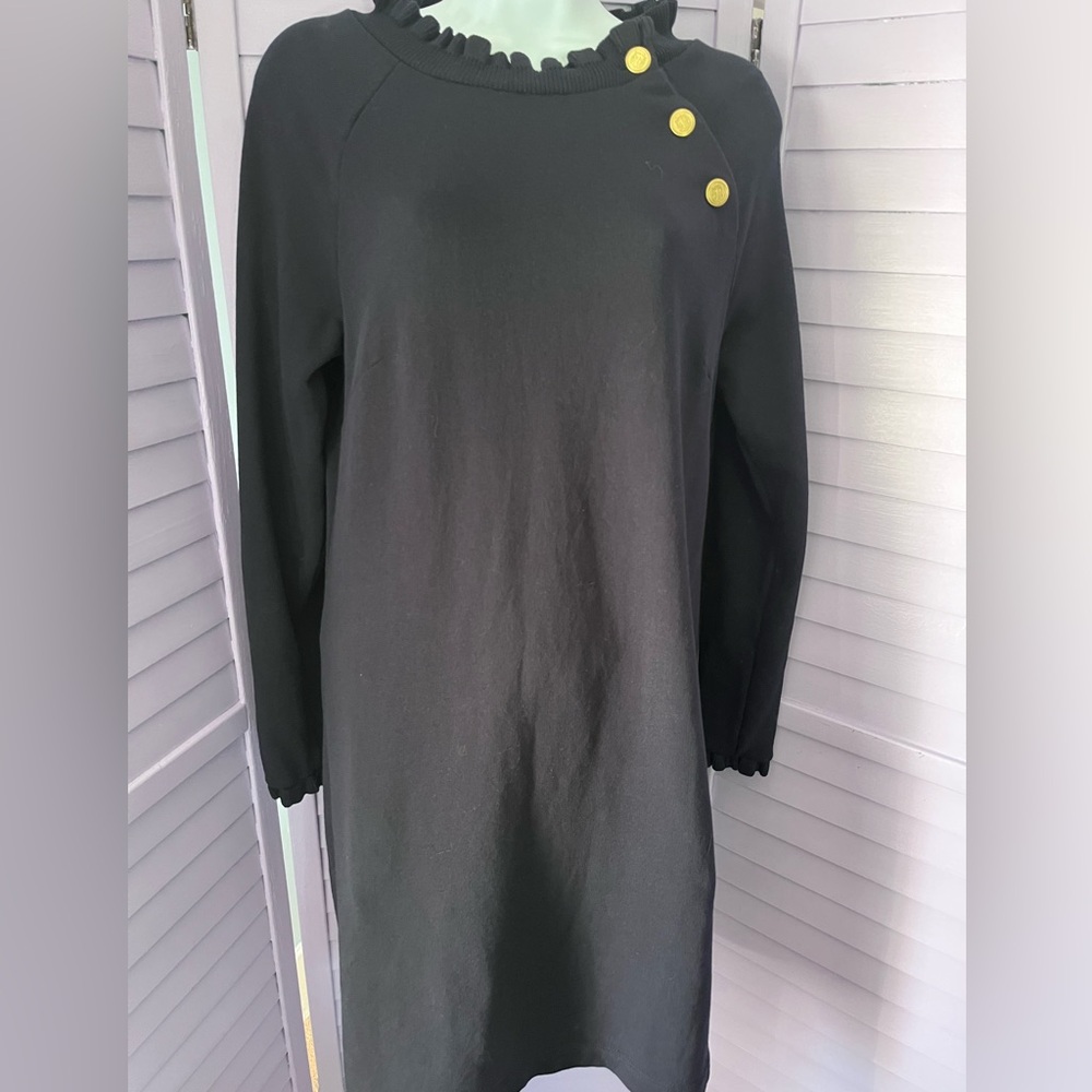NWOT TALBOTS deep navy blue dress with nautical buttons and ruffled neck, arms